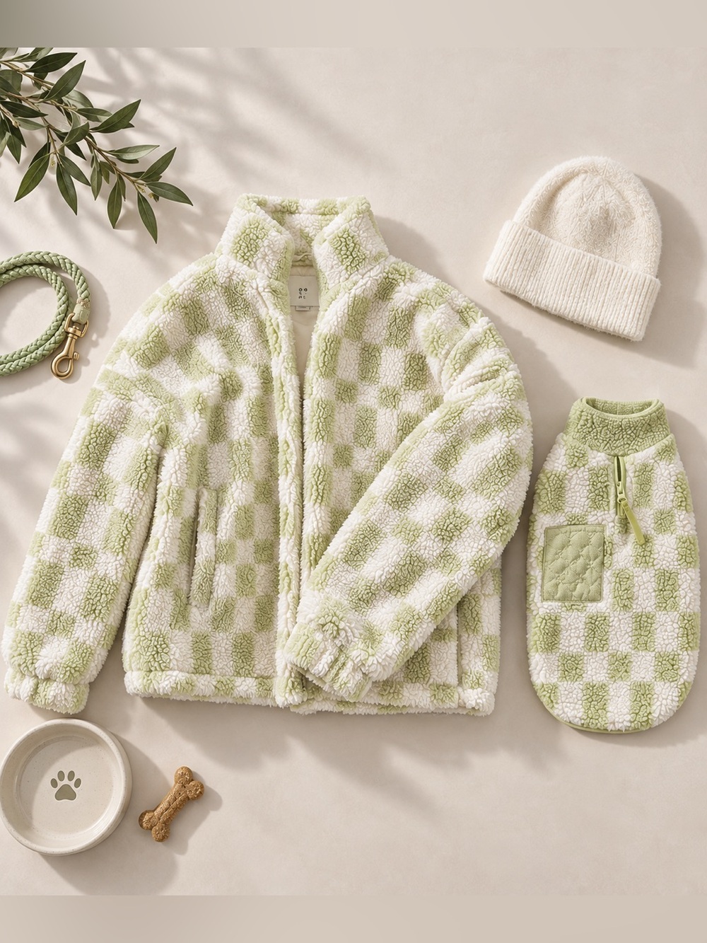 a new day Green and Cream Checker Sherpa Jacket with hat and matching dog coat